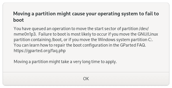 GParted Wargning for Windows 11 Partition